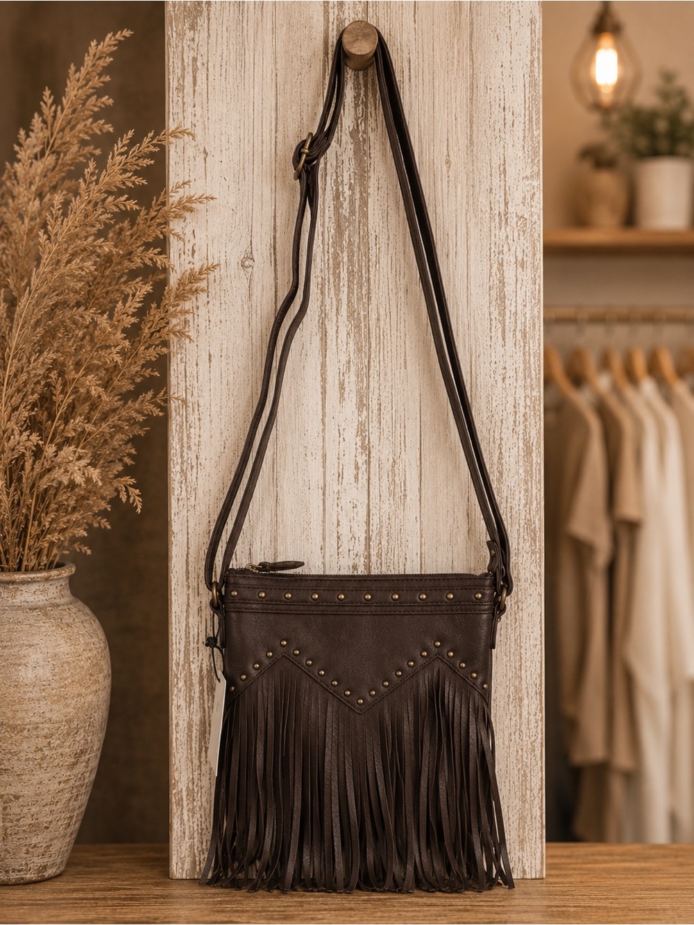 Western Fringe Crossbody Bag Vegan Leather Studded Boho Cowgirl Purse Handbag